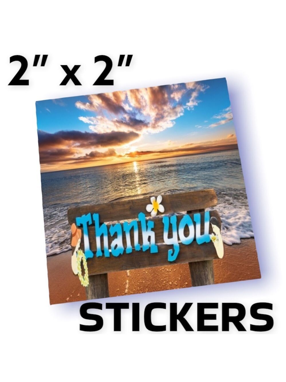 100 (2x2 Inch) Square Stickers, Easy Peel, Sunset Beach, High Gloss, Thank You